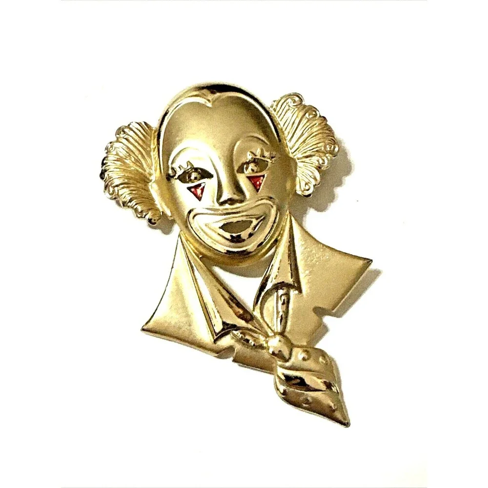 EnVIE Circus Clown Brooch Vintage 1980s Satin Glossy Gold Tone Pin NWOT NOS